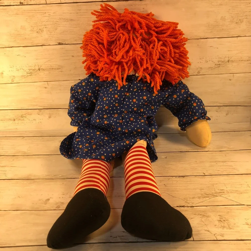 Handmade Raggedy Ann Plush Doll 18 Inch Orange Yarn Hair Blue Floral Dress Heart